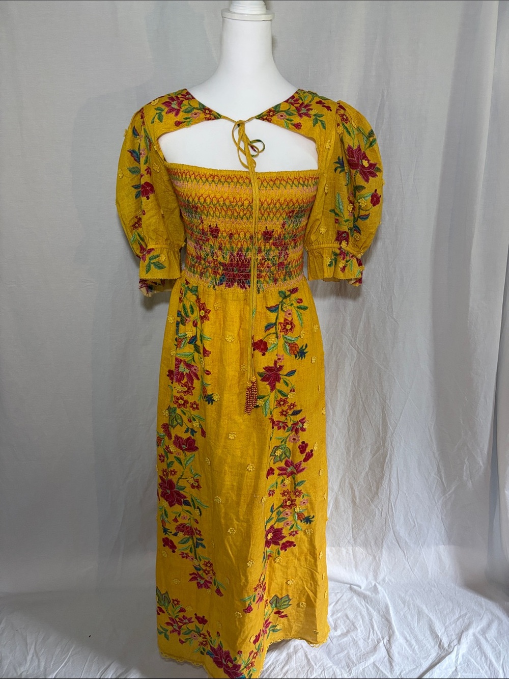FARM Rio Yellow Floral Smocked Midi Dress with Puff Sleeves